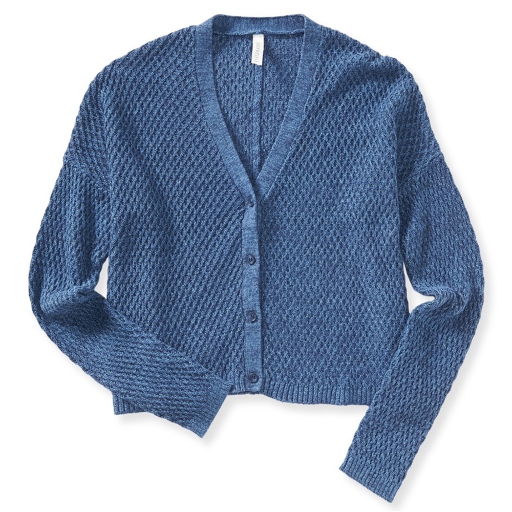Aeropostale Textured Blue Waffle Knit Button Up V Neck Cardigan
